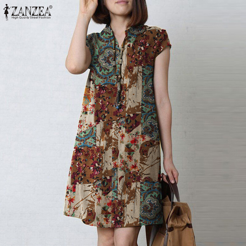 ZANZEA Women Bohemian Floral Printed V-Neck Dress Holiday Casual Short Sleeve Sundress #7