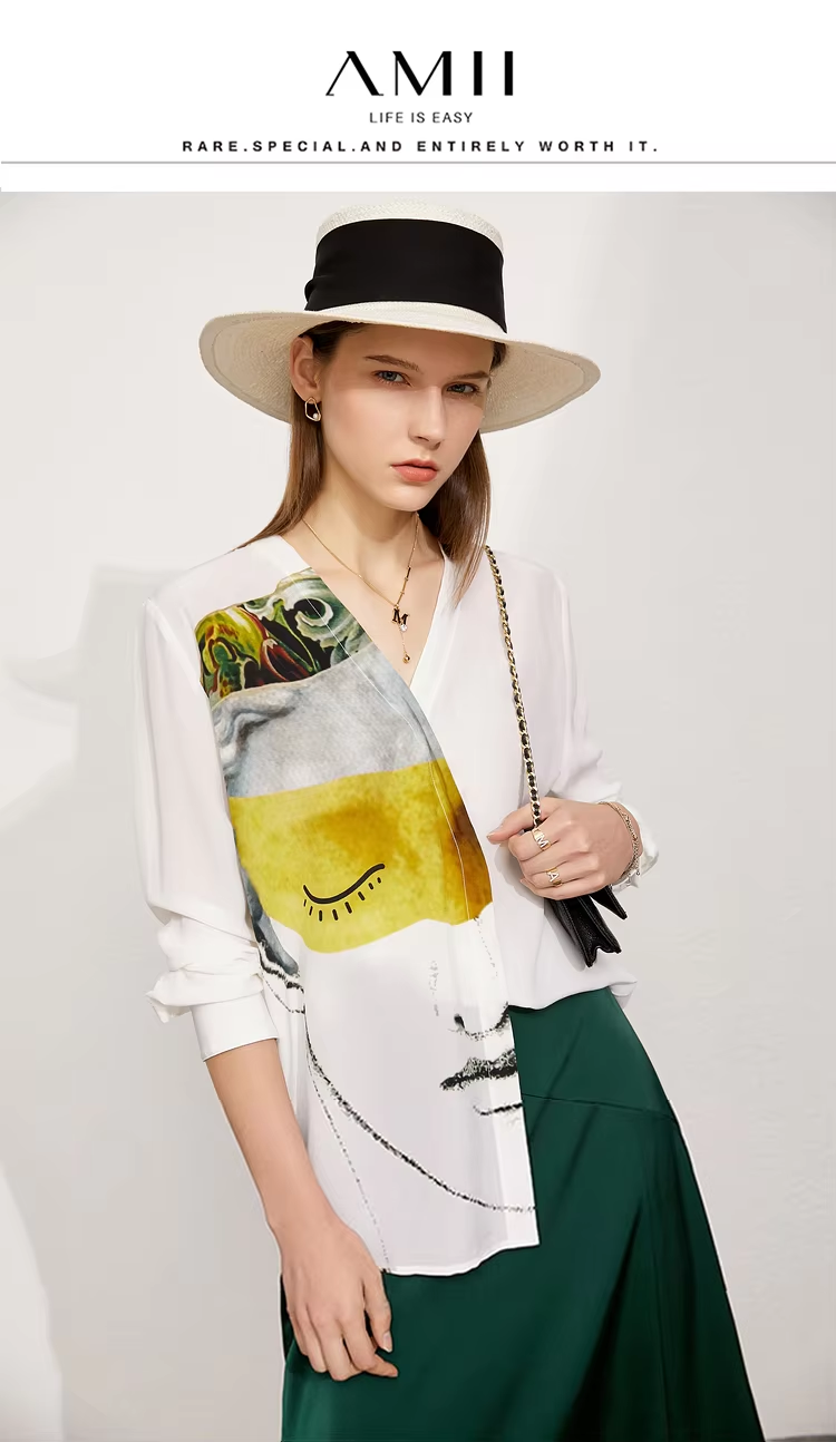 Amii Minimalism 2024 Women's Shirts Autumn New Artistic Printed V-neck Silk Female Long Sleeve Trendy Shirts & Blouses 12443092