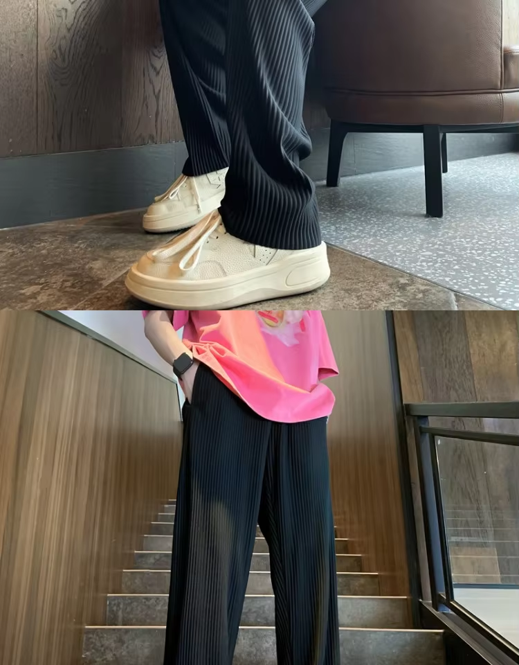 Summer Casual Pants Men Black Gray Ice Silk Pants Men Japanese Streetwear Hip-hop Loose Straight Trousers Mens Pleated Pants