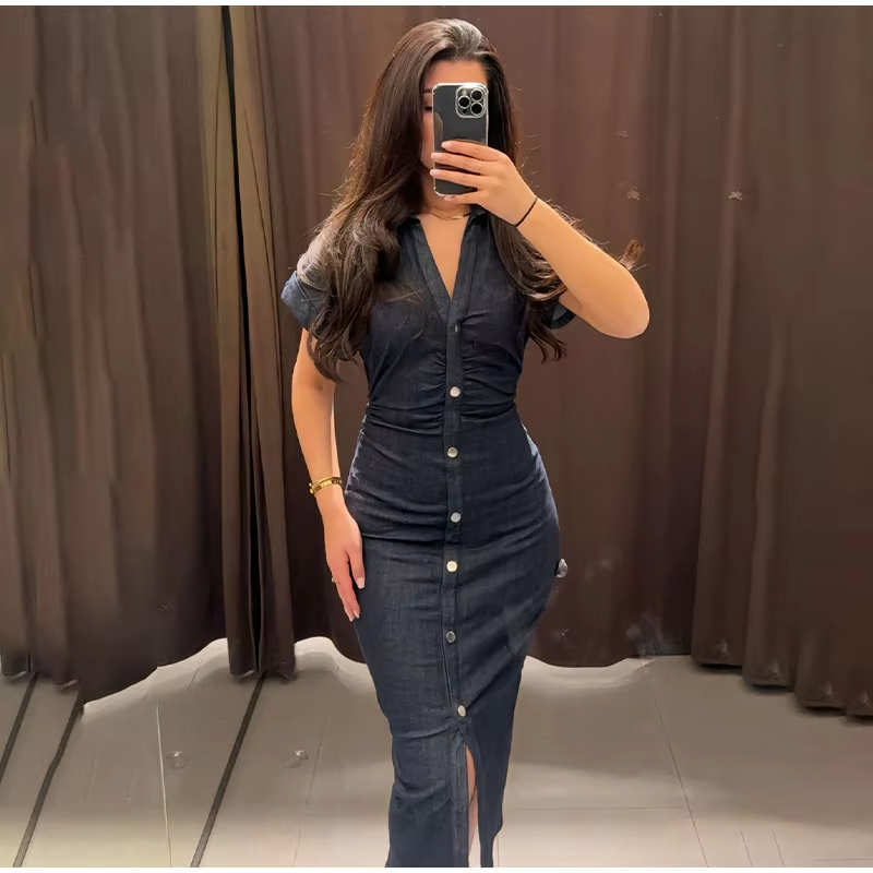 Women Denim V-neck Short Sleeved Long Dress Chic Slim Fit Single Breast Slit Vestidos New High Street Casual Solid Commuter Gown