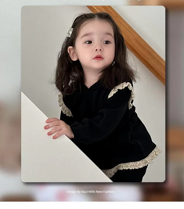 2025 Autumn New Baby Long Sleeve Clothes Set Infant Girls Lace Hooded Sweatshirt + Flared Pants 2pcs Suit Toddler Casual Outfits