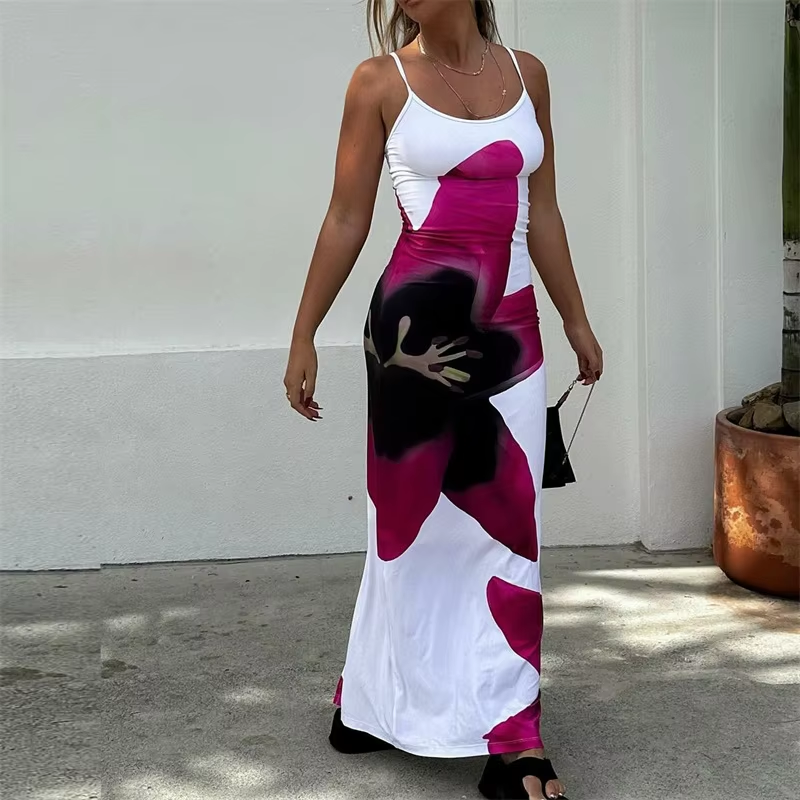 Women Floral Slip Long Dress Spaghetti Strap Flower Print Cami Maxi Dress Y2k Backless Bodycon Boho Sundress